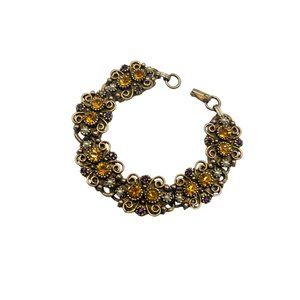 Topaz Color Rhinestones Bracelet Faux Pearls Vintage Gold Tone Scrolls Design